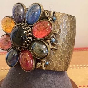 Ollipop USA ornate multicolored  gem flower hammered metal wide cuff bracelet